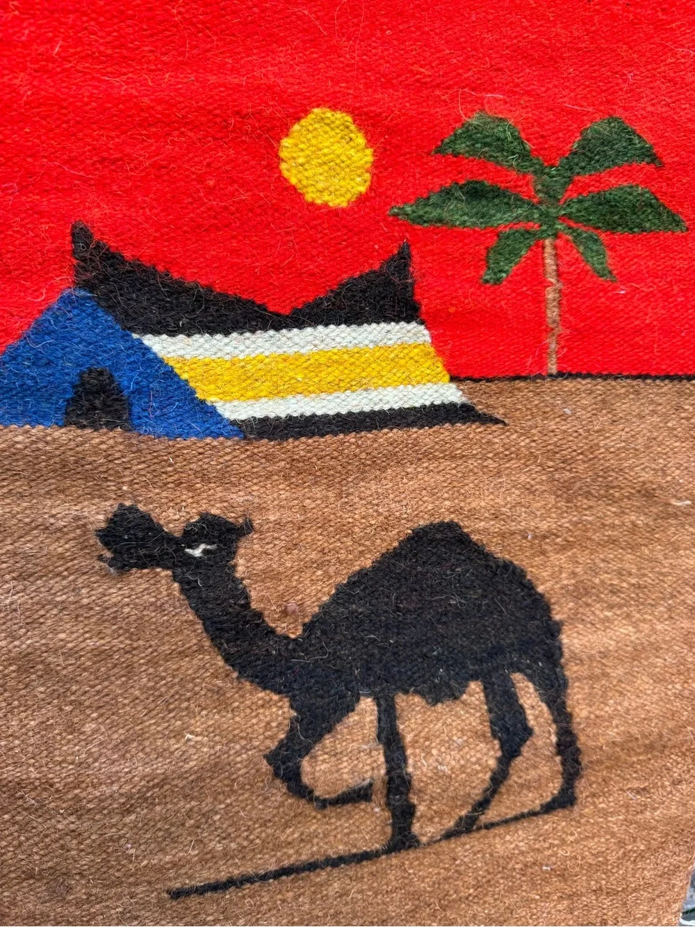 Vintage Handwoven Wool Egypt Tapestry Boho Desert Camel Wall Hanging 24x15 Art